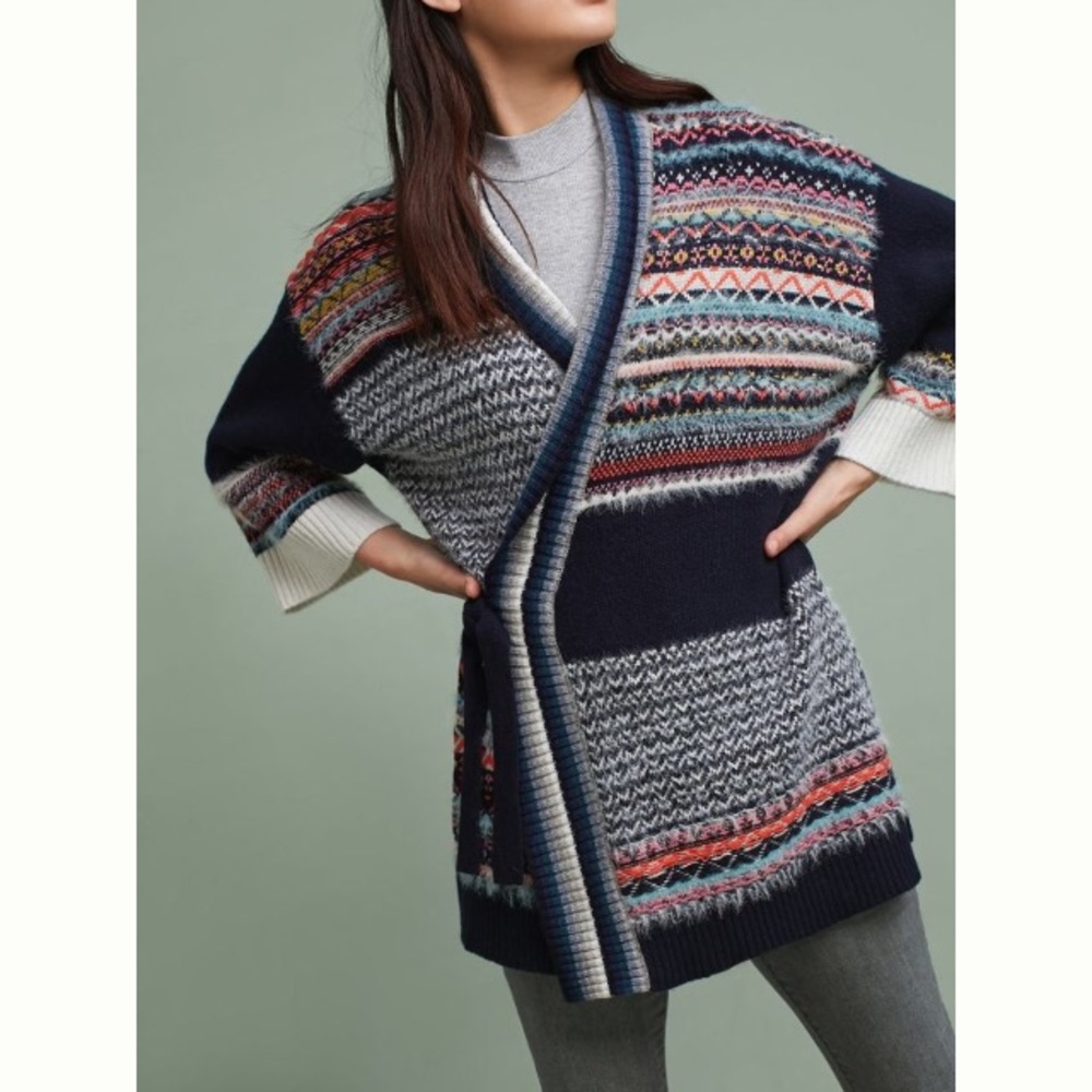 Bundle up in this plush Fair Isle cardigan,